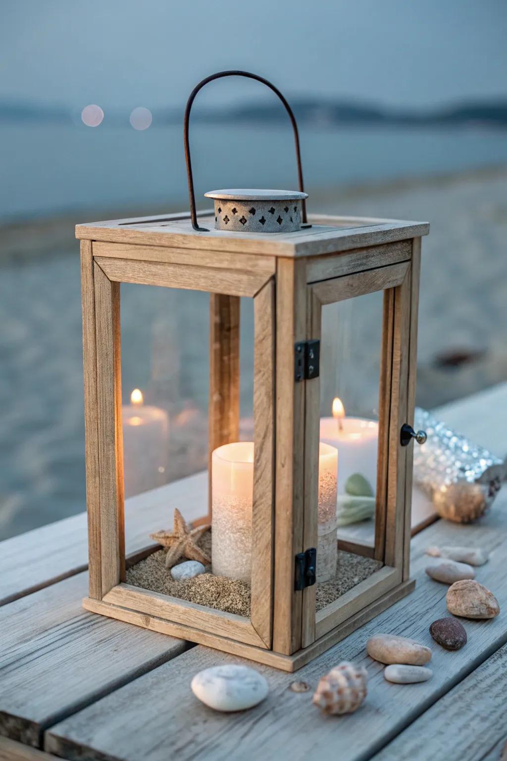 Handcrafted lantern with sand and pebbles—an effortless coastal centerpiece that glows at dusk.
