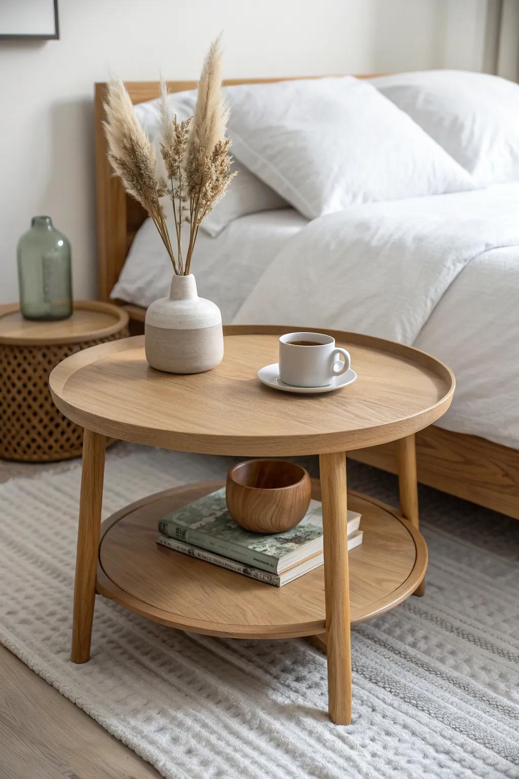 Two-tier bedroom coffee table: calm top styling, hidden storage below for cozy essentials.