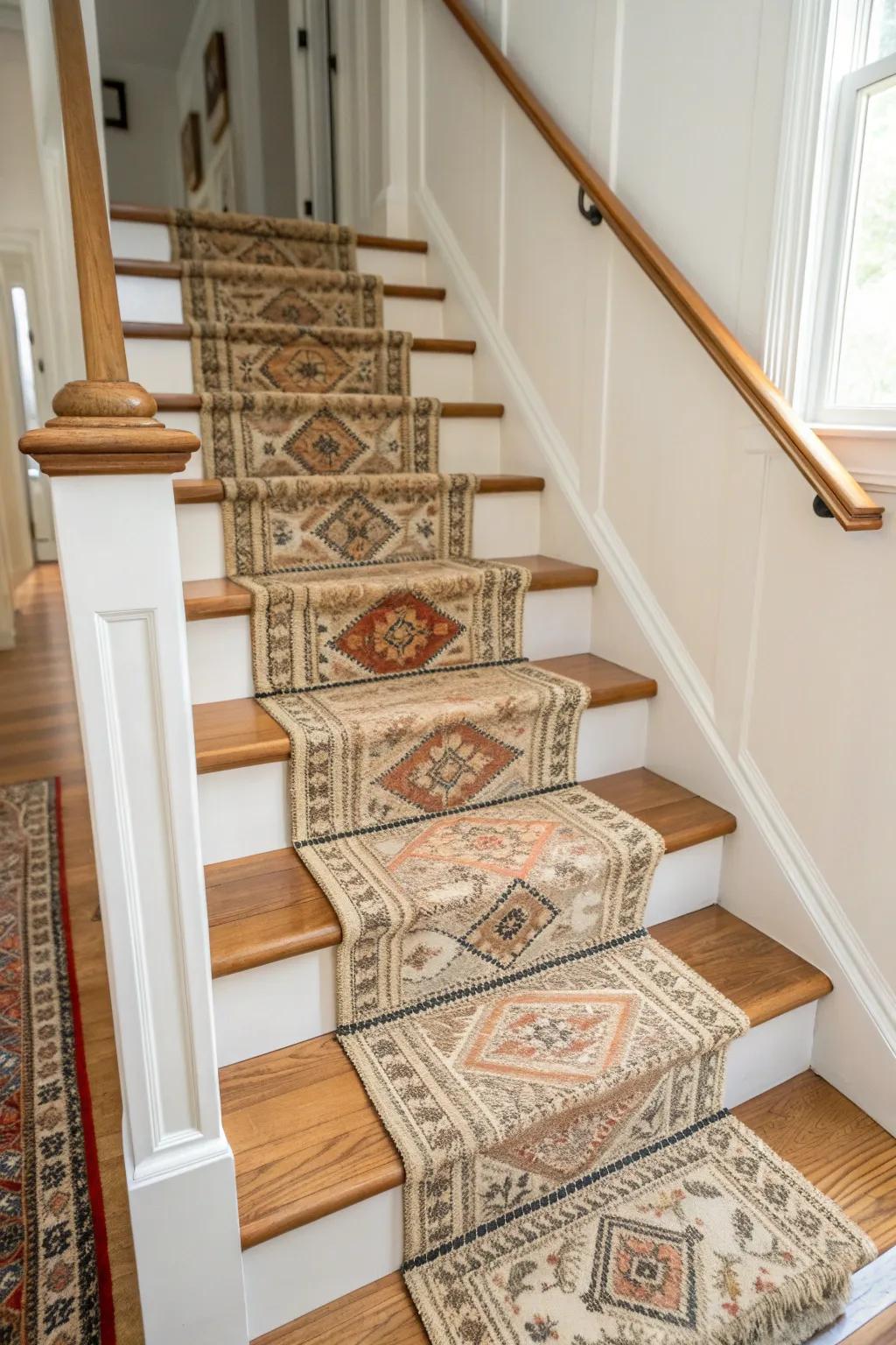 A classic patterned stair runner adds warmth, quiets echoes, and elevates a colonial foyer.