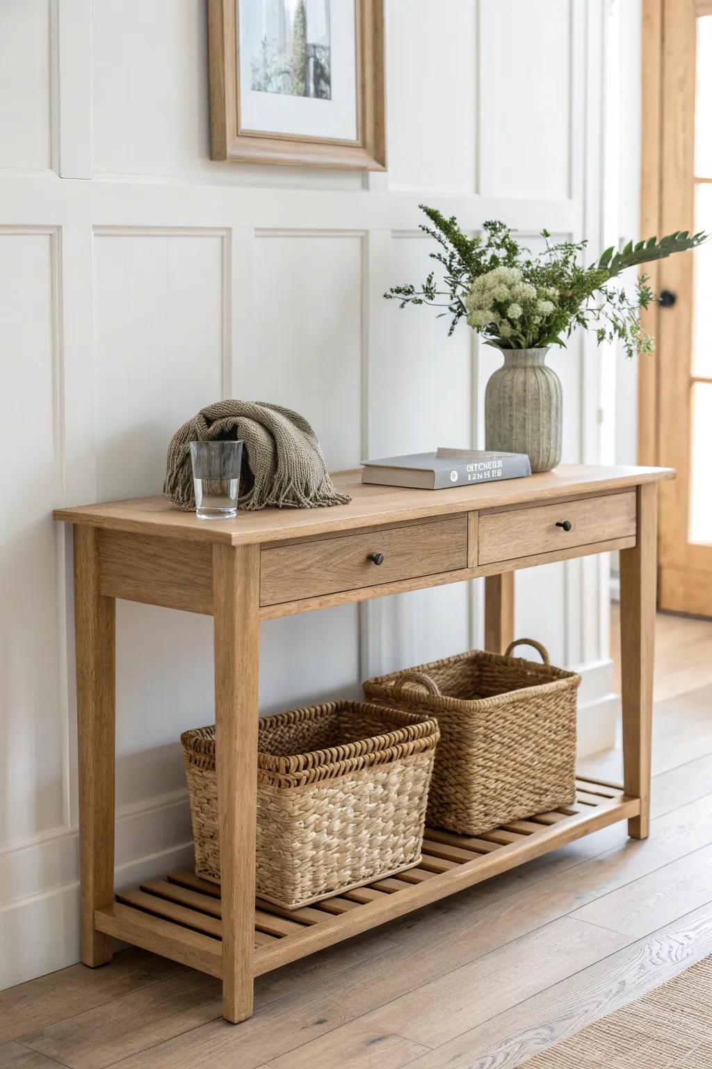 Ground your console table with two woven baskets below for texture and hidden storage.