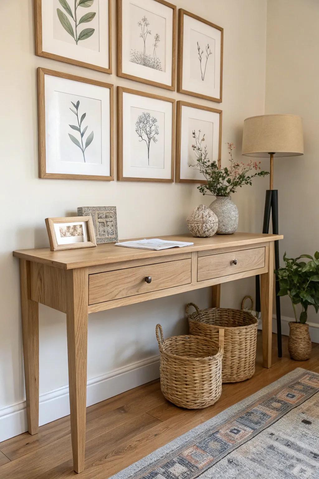 A simple oak console table with a soft neutral gallery wall—personality without clutter.