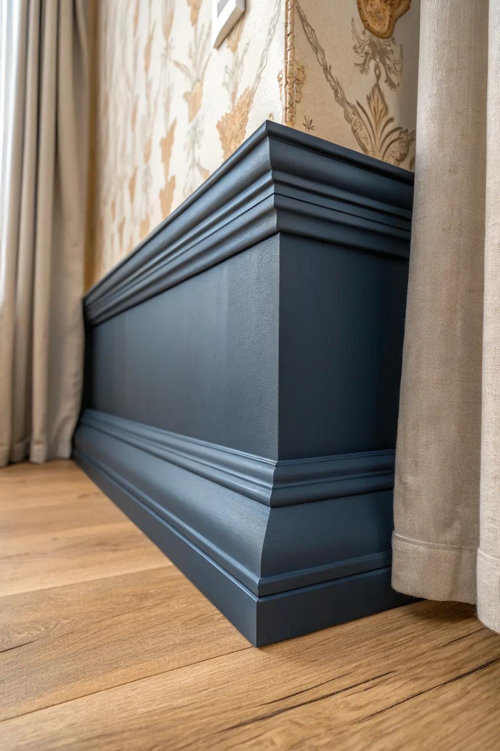 Inky dark crown molding against warm walls—an instant ceiling-line upgrade with vintage drama.