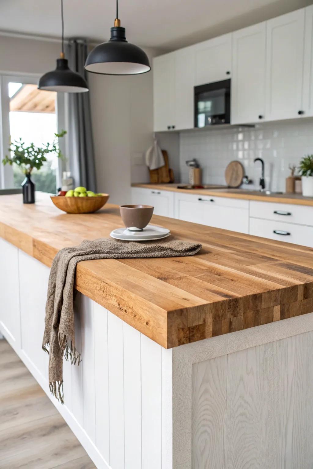 Warm butcher block island top set against cool stone counters—simple, practical, beautiful.