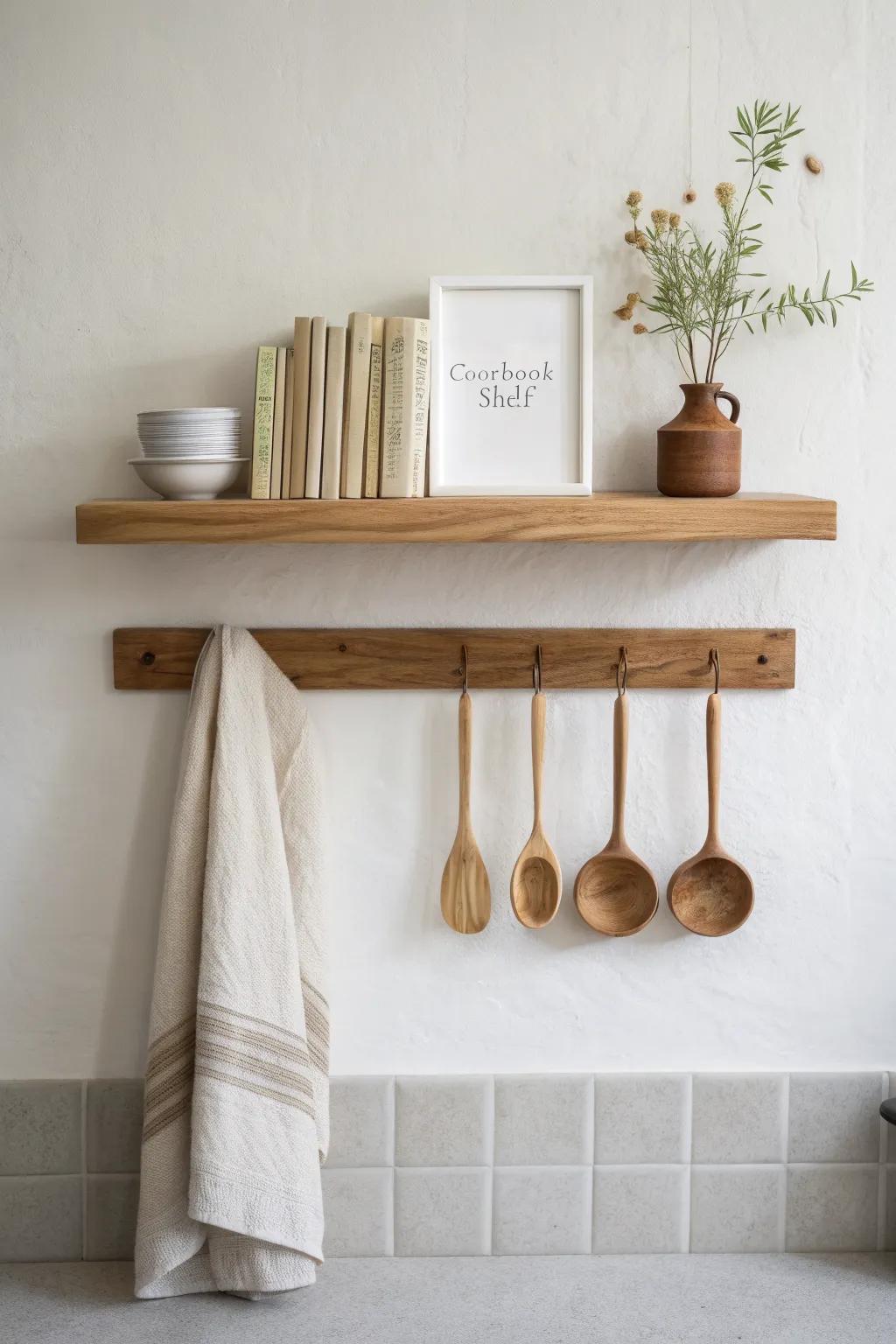 High floating cookbook shelf with brass hooks—keeps counters clear and adds cozy storage.