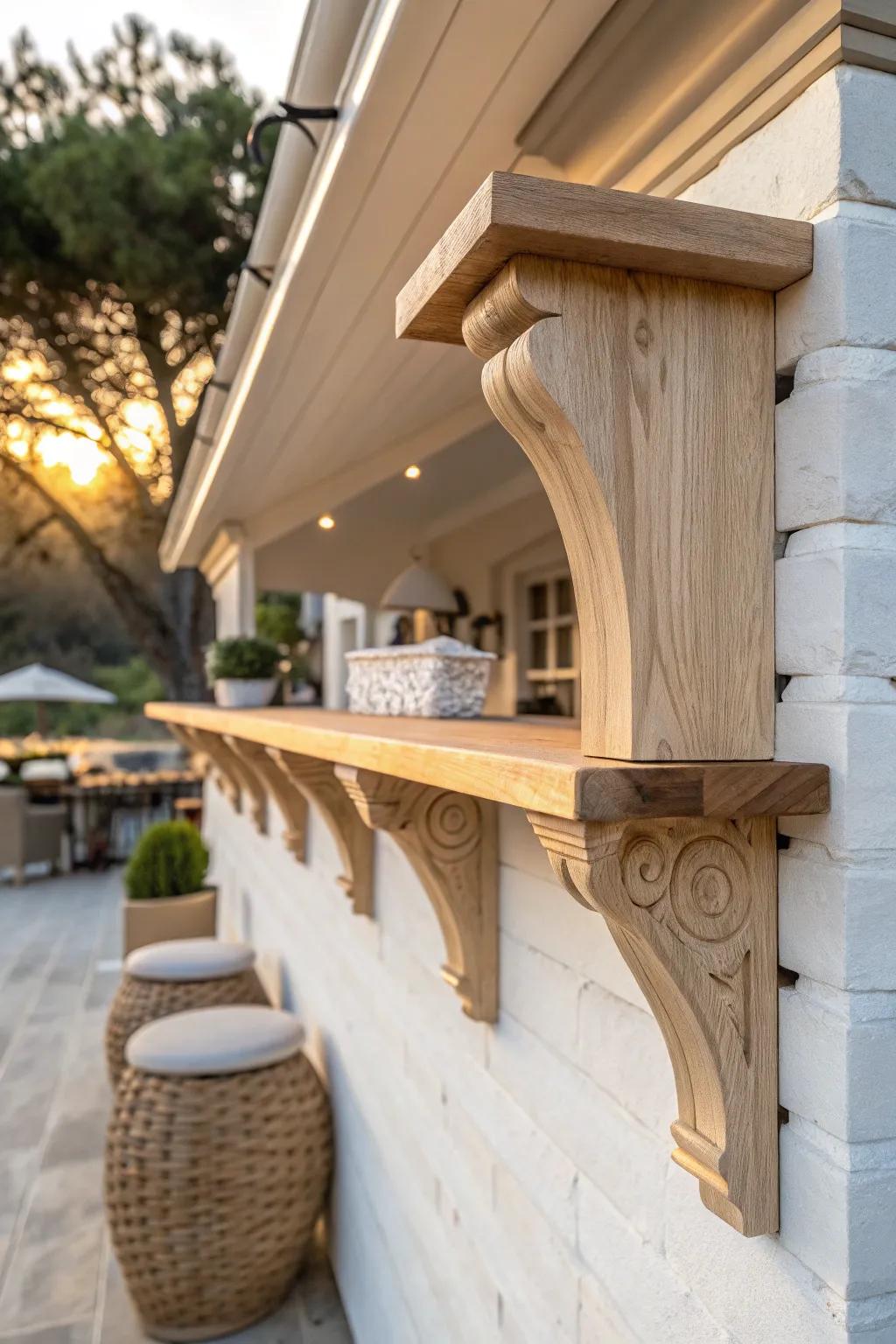 Handmade oak corbel gives this outdoor bar overhang a clean, custom, craft-forward finish.