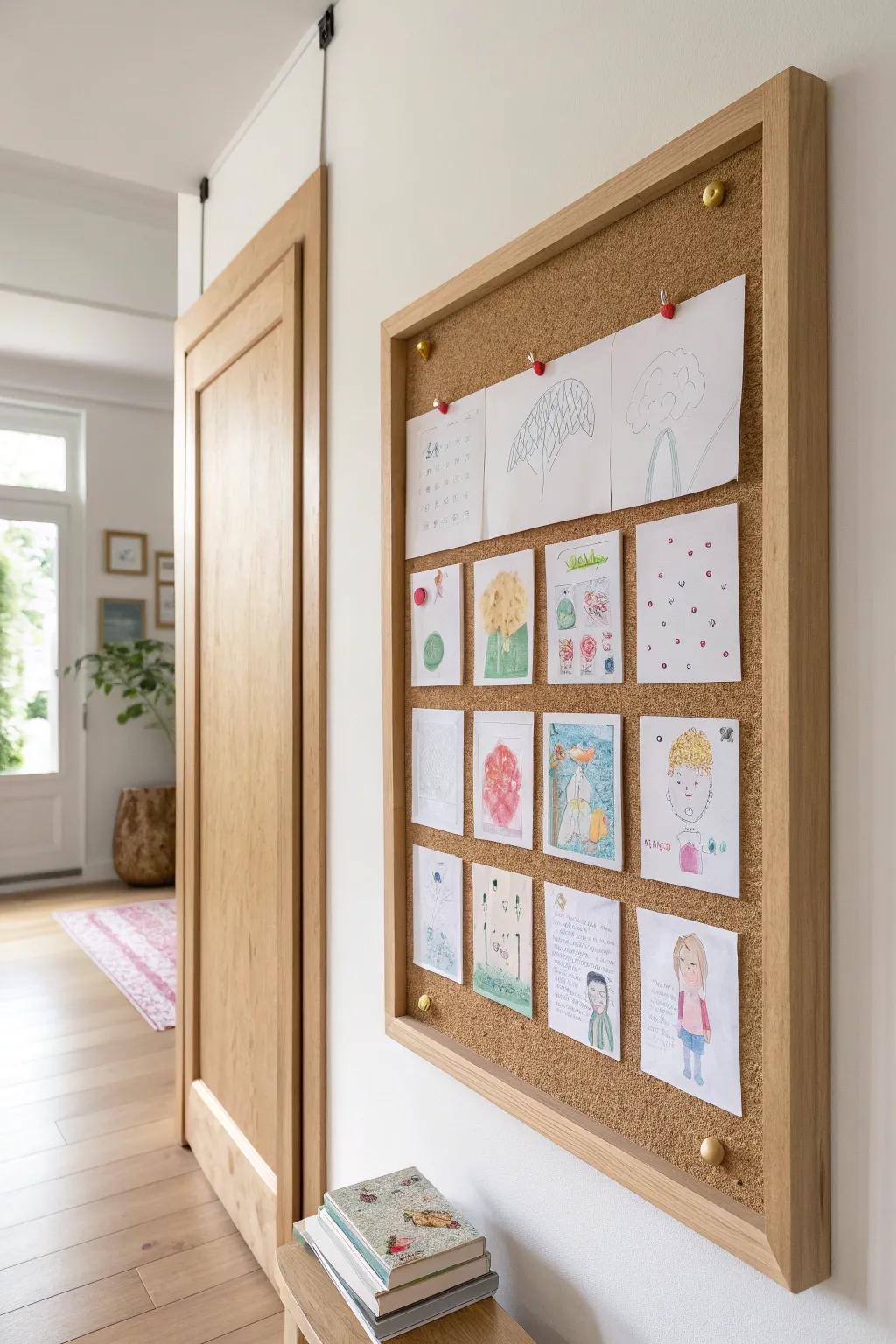 A kid-height cork gallery wall to pin fresh artwork anytime—warm, tidy, and beautifully personal.