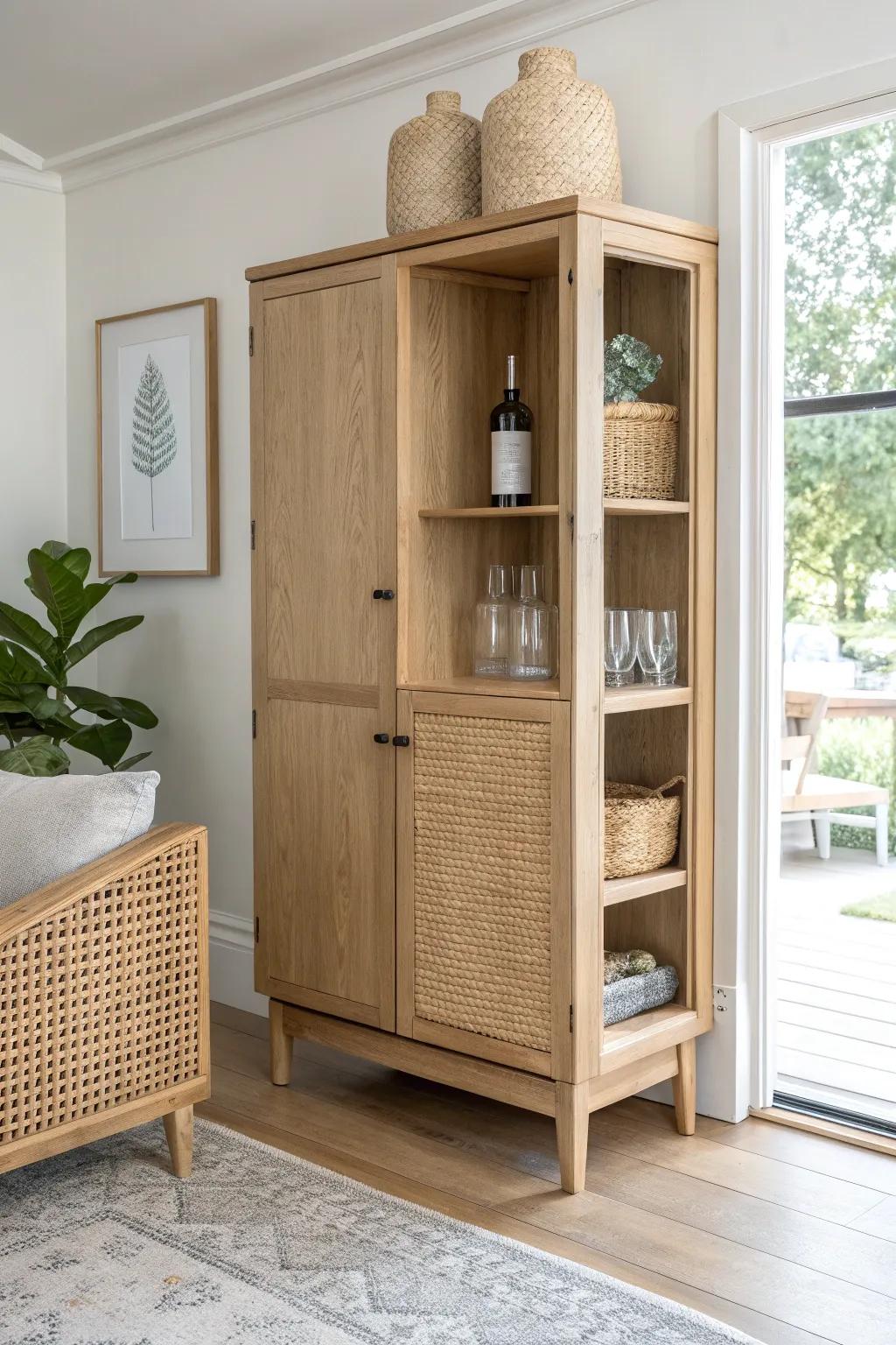 A corner bar cabinet with adjustable shelves—made for tall bottles, baskets, and every odd shape.