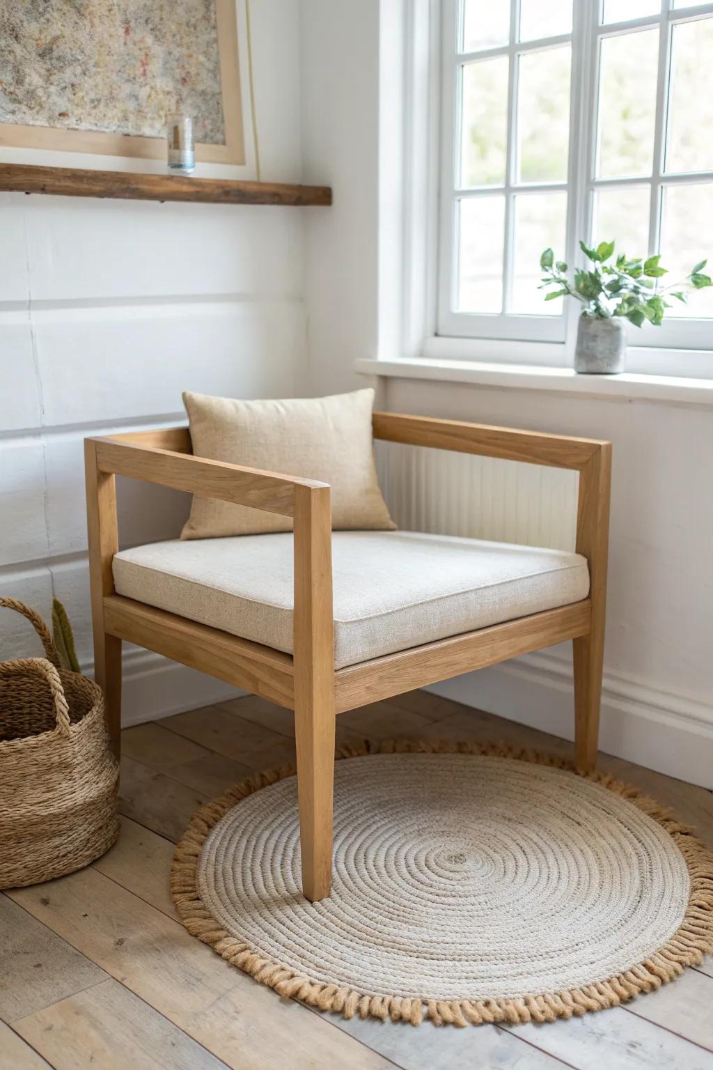 Layer rugs to ground your corner chair—front legs on the top rug for a cozy, anchored nook.