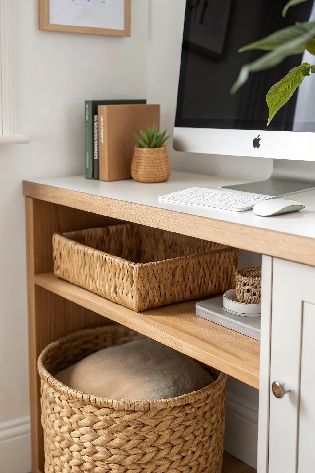 A sleek under-desk corner shelf hides baskets and paper neatly—without losing legroom.