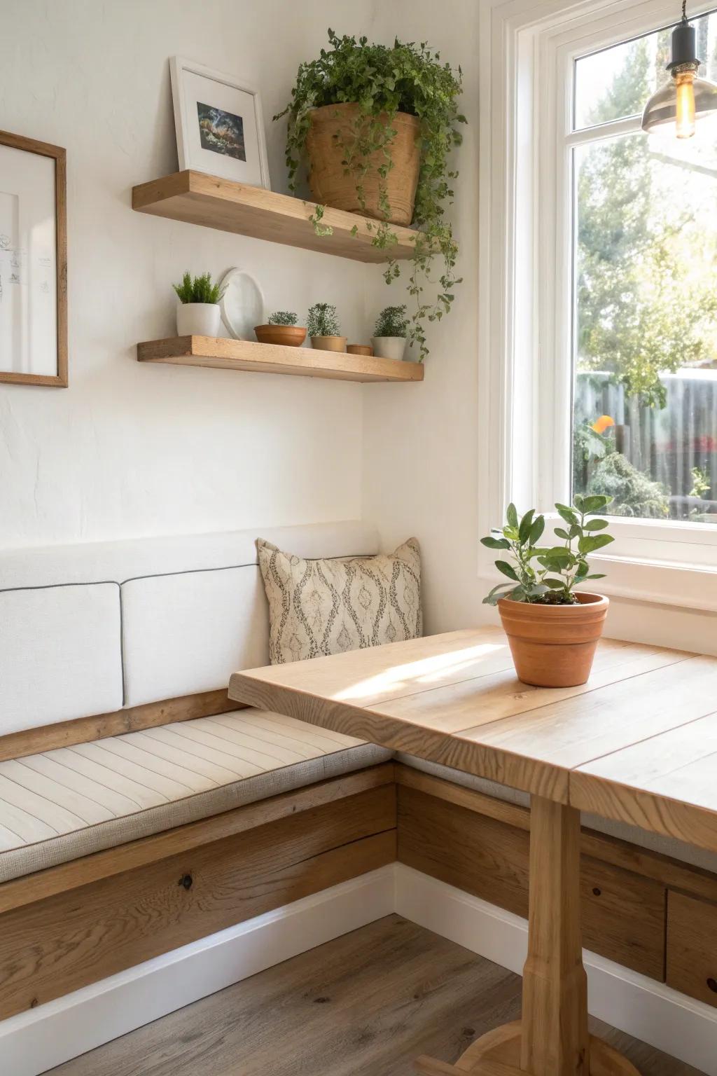 A single floating shelf frames the corner nook—warm oak, soft light, and just one plant.