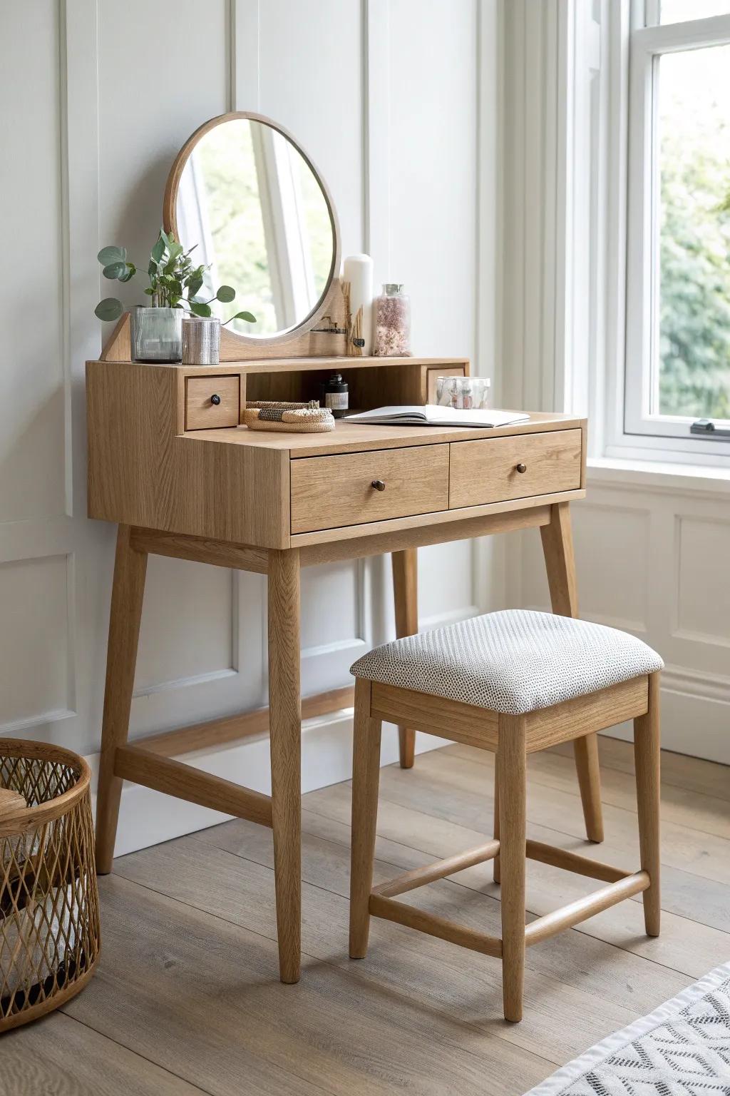 A calm corner vanity with a stool that tucks away completely and comfortable knee clearance.