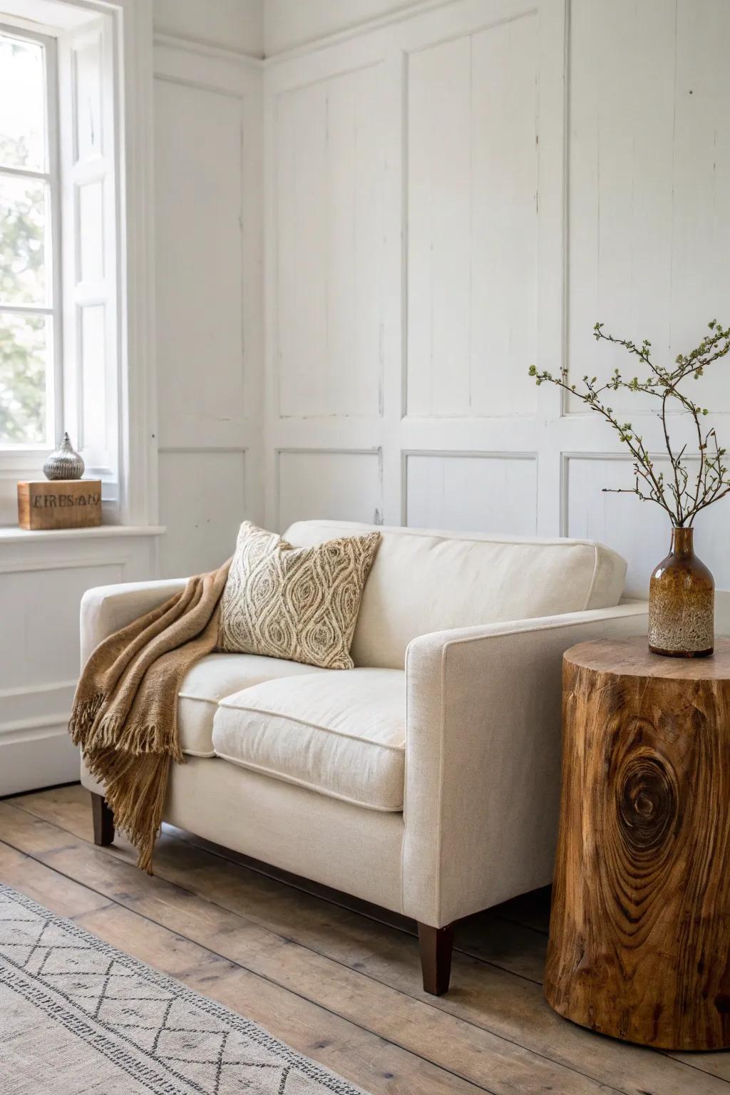 Tuck a petite loveseat into the corner with a chunky wood end table for instant lounge vibes.