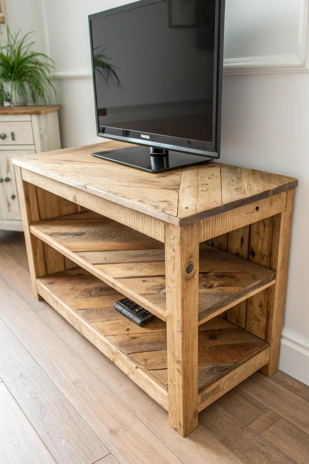 Reclaimed pallet corner TV shelf—thick laminated top with nail marks for rustic charm.