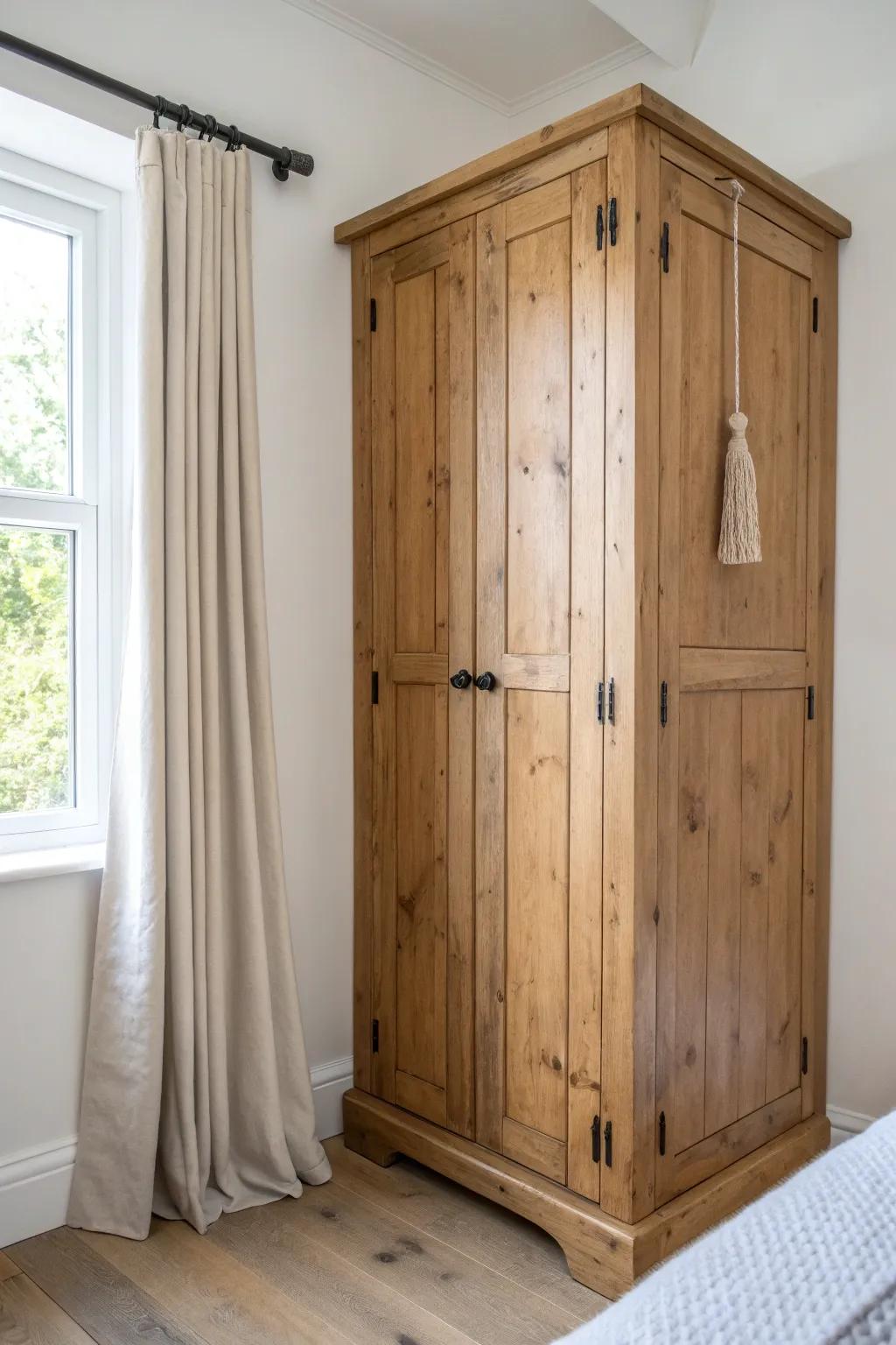 Rustic reclaimed wood corner wardrobe—farmhouse charm with clean Scandinavian simplicity.
