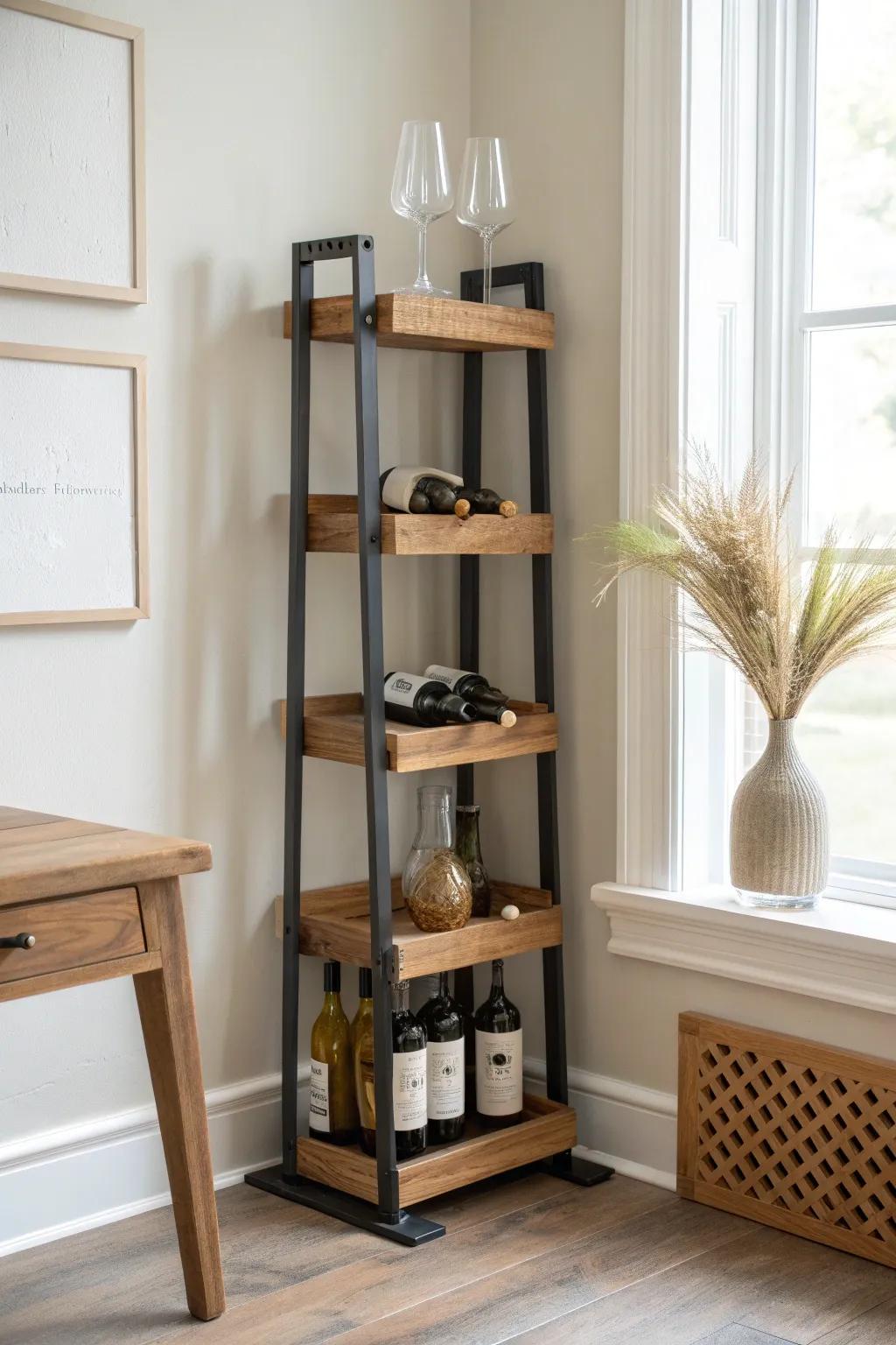 Modern corner wine rack: warm oak shelves and slim black steel straps for an airy industrial look.