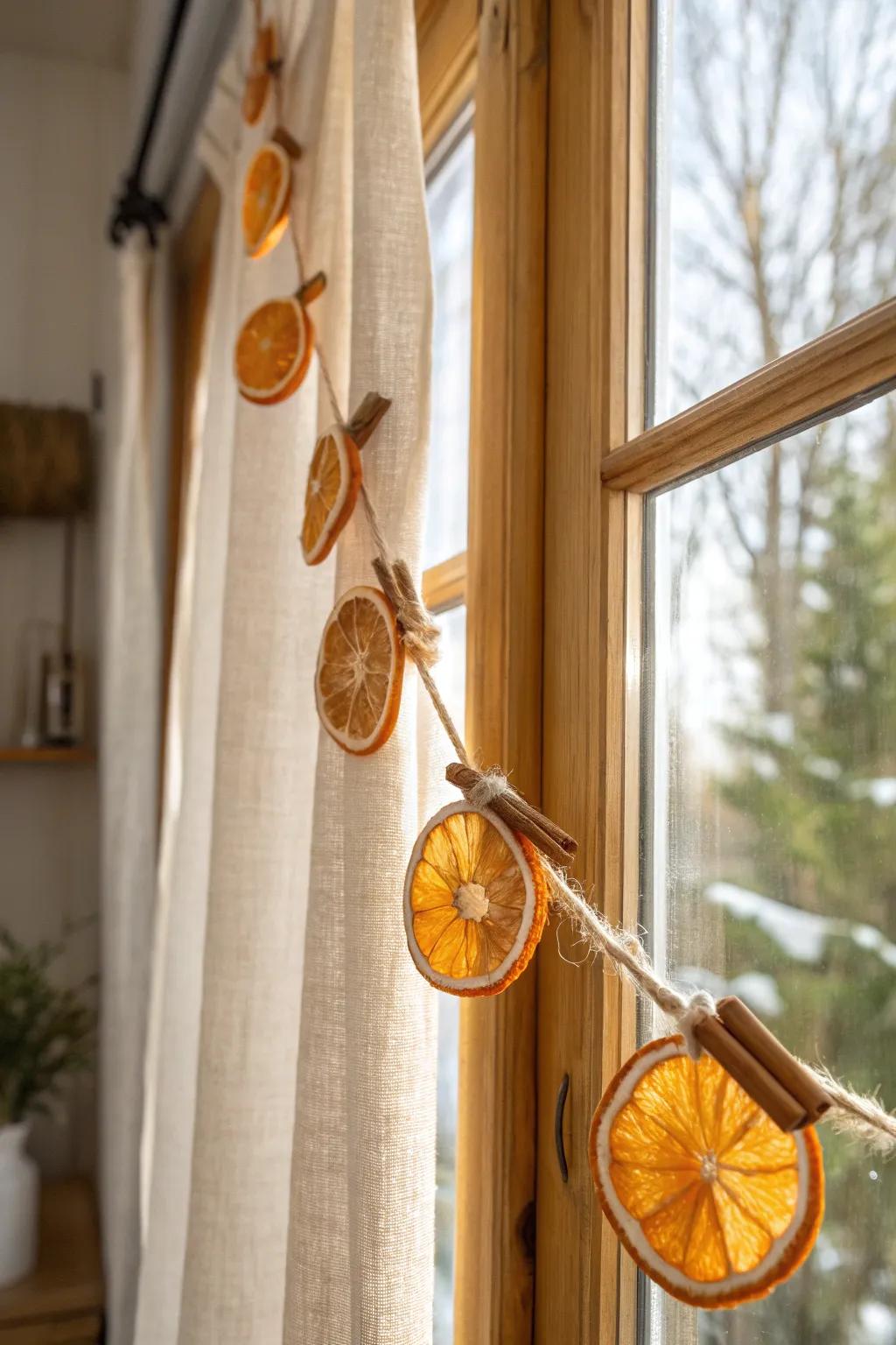 Sunlit dried orange & cinnamon garland—simple cottage charm with warm color and cozy scent.