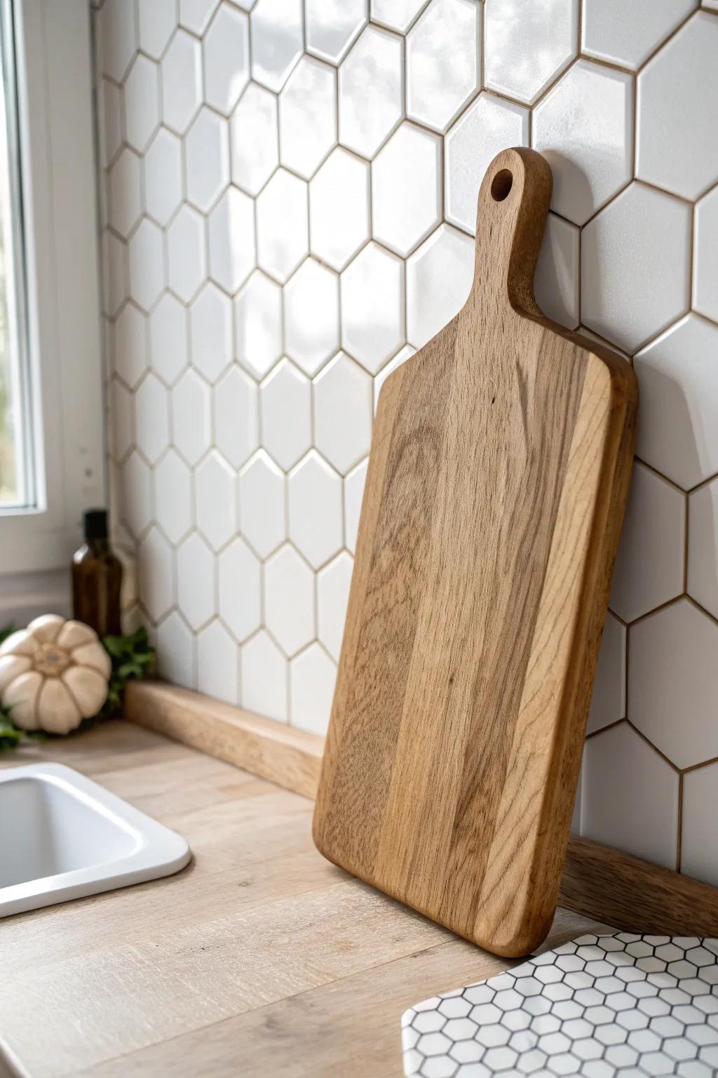 Classic white hex tile with cozy greige grout—quiet cottage texture that lets warm wood shine.