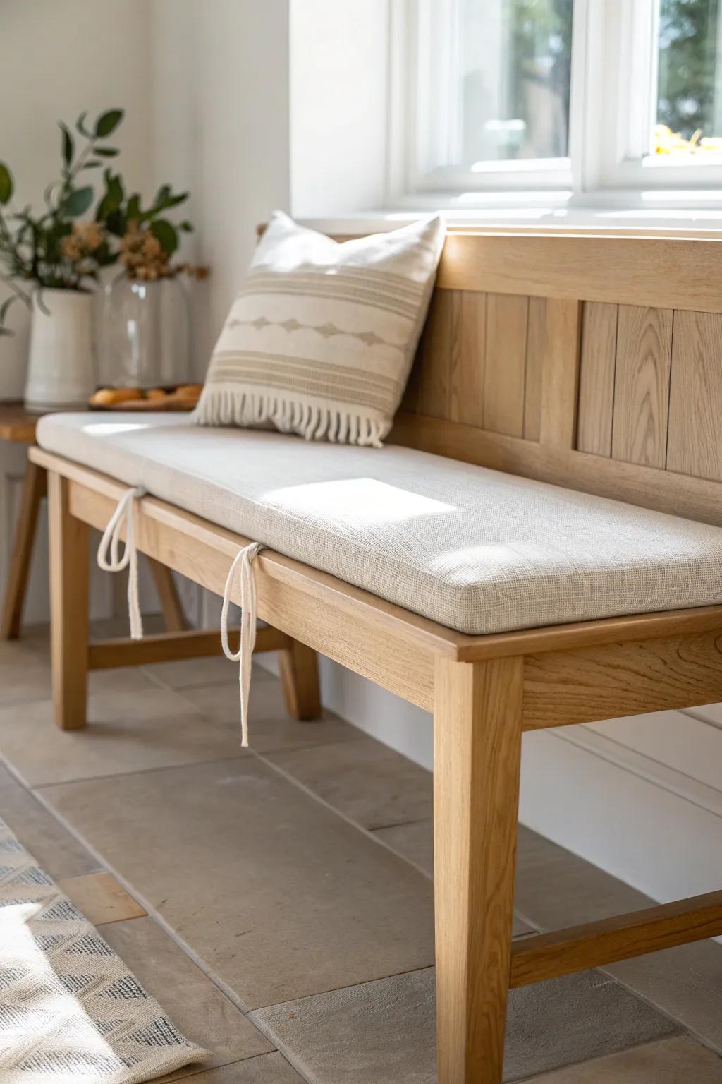 A sunny cottage dining nook starts with a simple handmade bench and soft linen cushions.