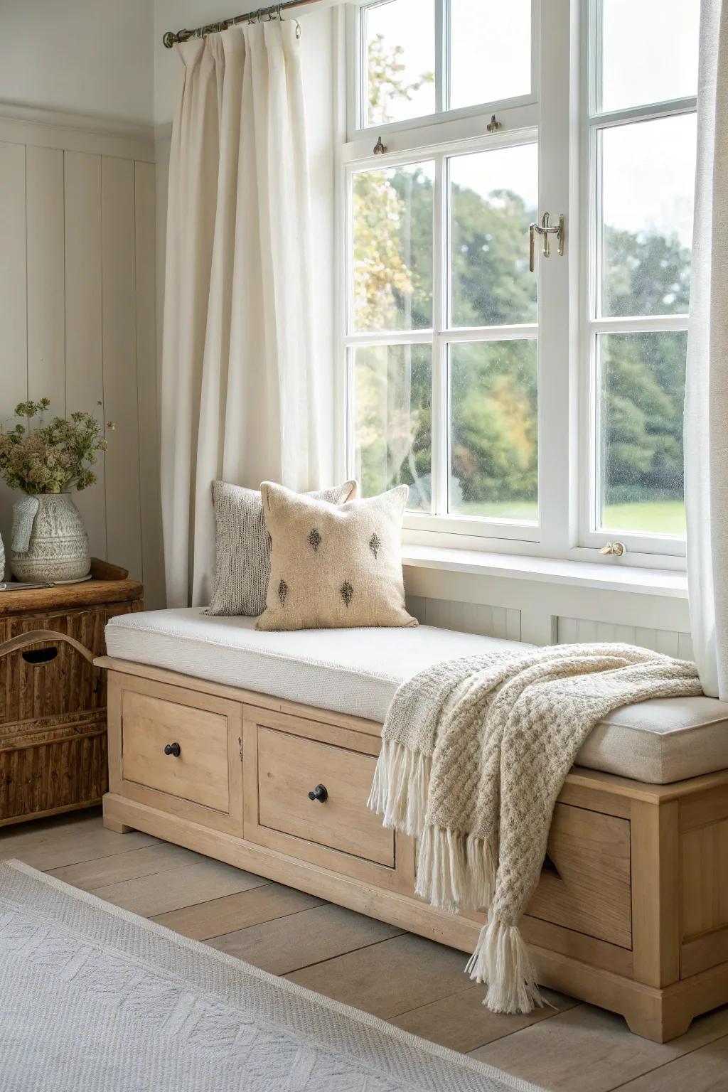 Cozy cottage window seat with hidden drawers—handmade pine storage in airy Scandinavian style.