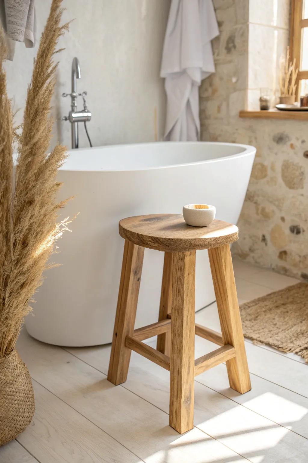 A handmade wood stool by the tub—simple cottagecore charm with Scandinavian calm.