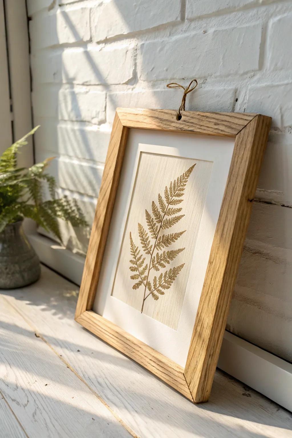 Pressed fern art in a simple handmade oak frame—an easy, cozy cottagecore wall idea.