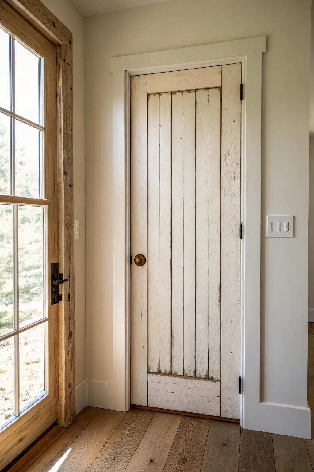 Rustic-meets-minimal plank door texture—simple wood strips, soft paint, and cozy cottage charm.