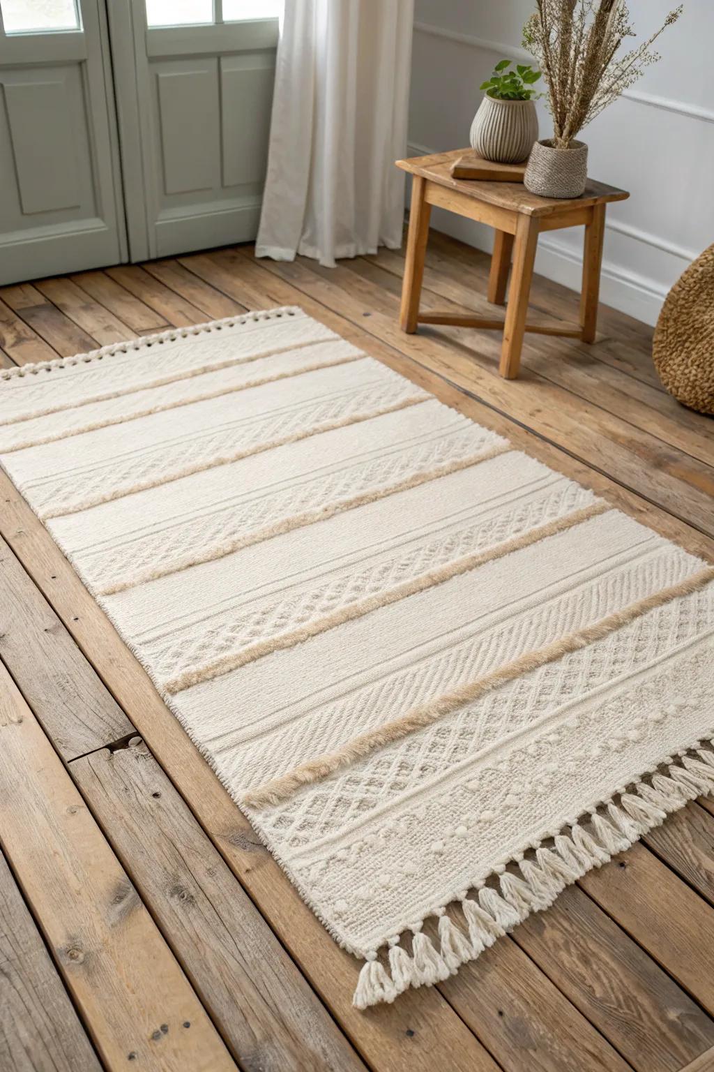 Wide-plank warmth meets a handwoven rug—country lodge coziness with minimalist Scandi calm.