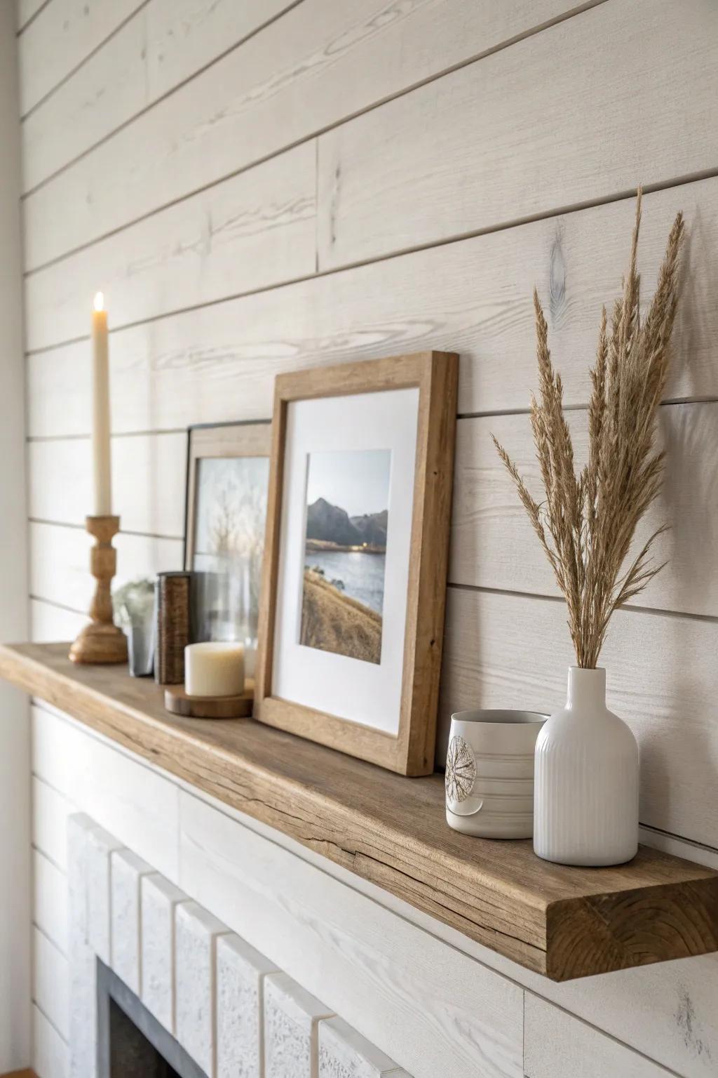 A mantel-style wood ledge makes country wall decor easy—swap art, a candle, and dried stems.