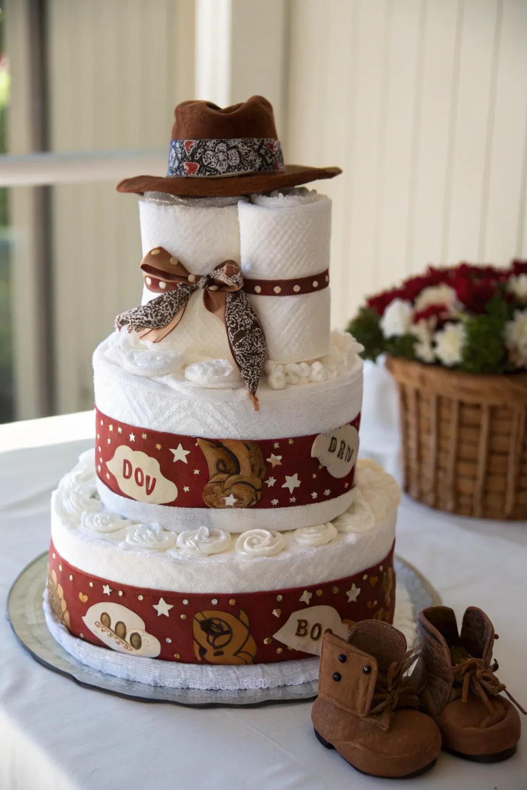 Saddle up for a charming celebration with this Cowboy Diaper Cake masterpiece!