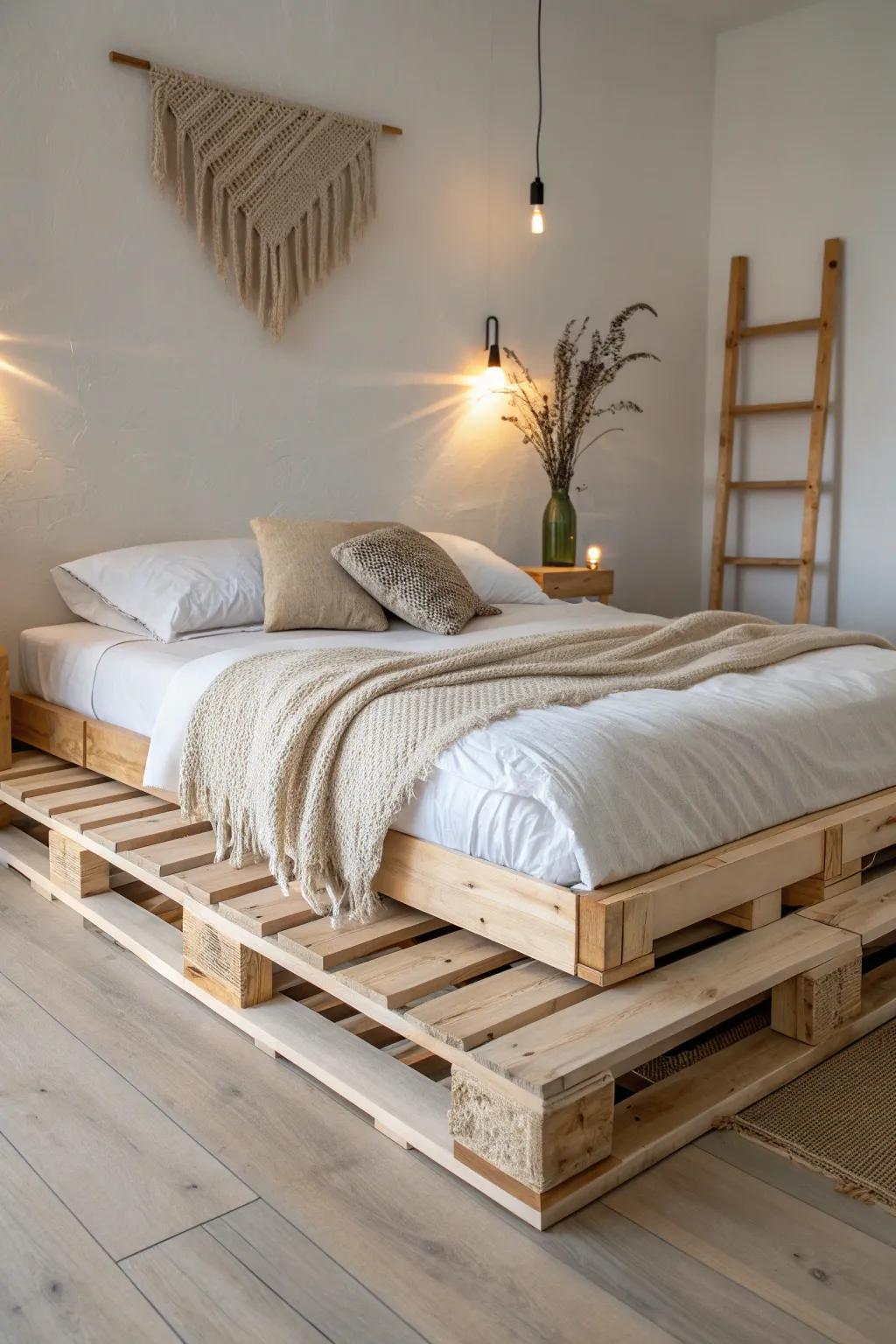 Low, sanded pallet bed with warm wood grain and soft linens for rustic, cozy minimalism.