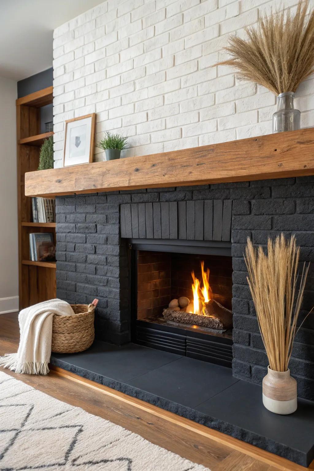 Matte charcoal brick + warm flames—an oak mantel adds Scandinavian calm with cozy drama.