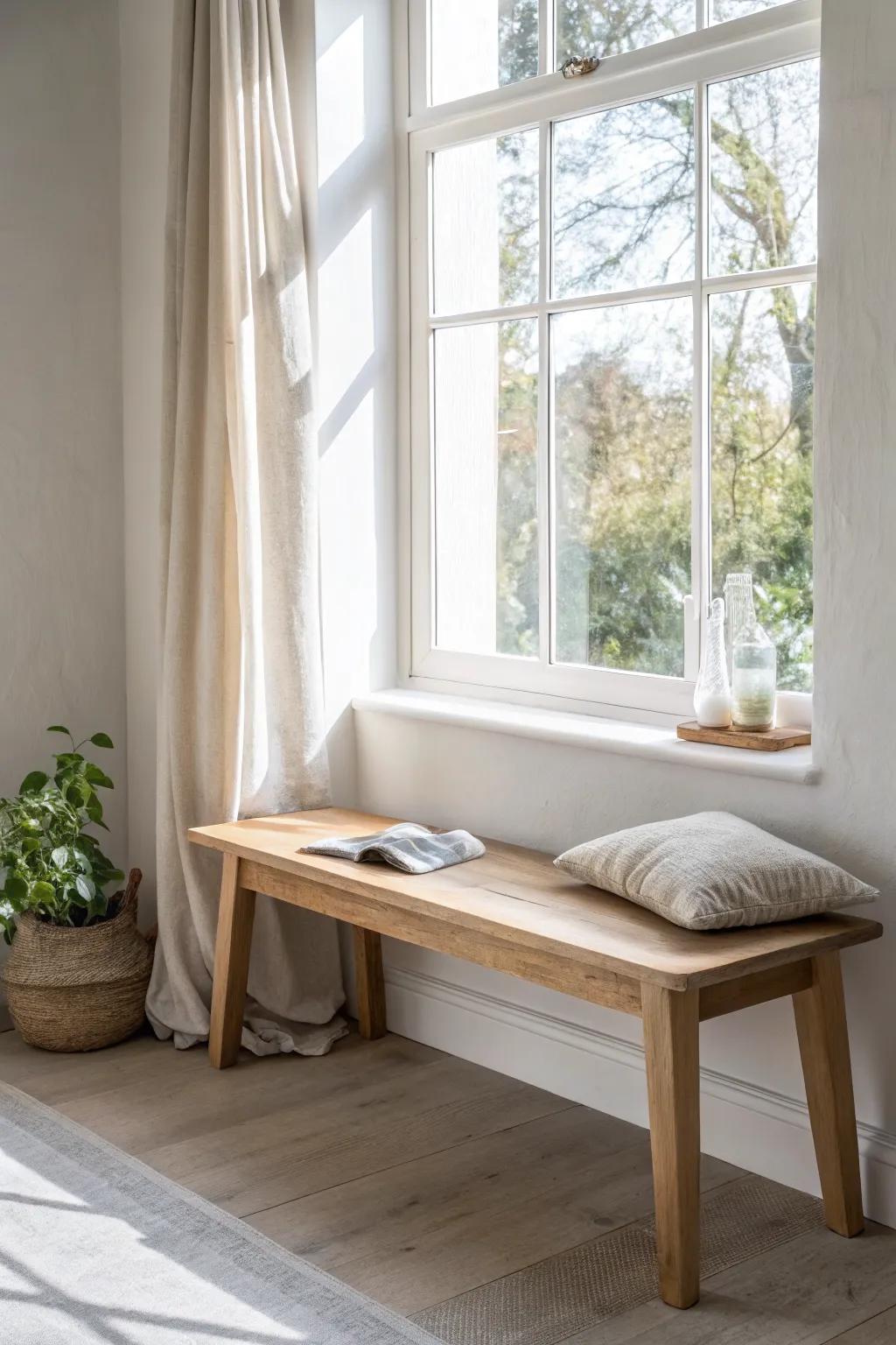 Let natural light do the work—keep the window area clear and warm wood center stage.