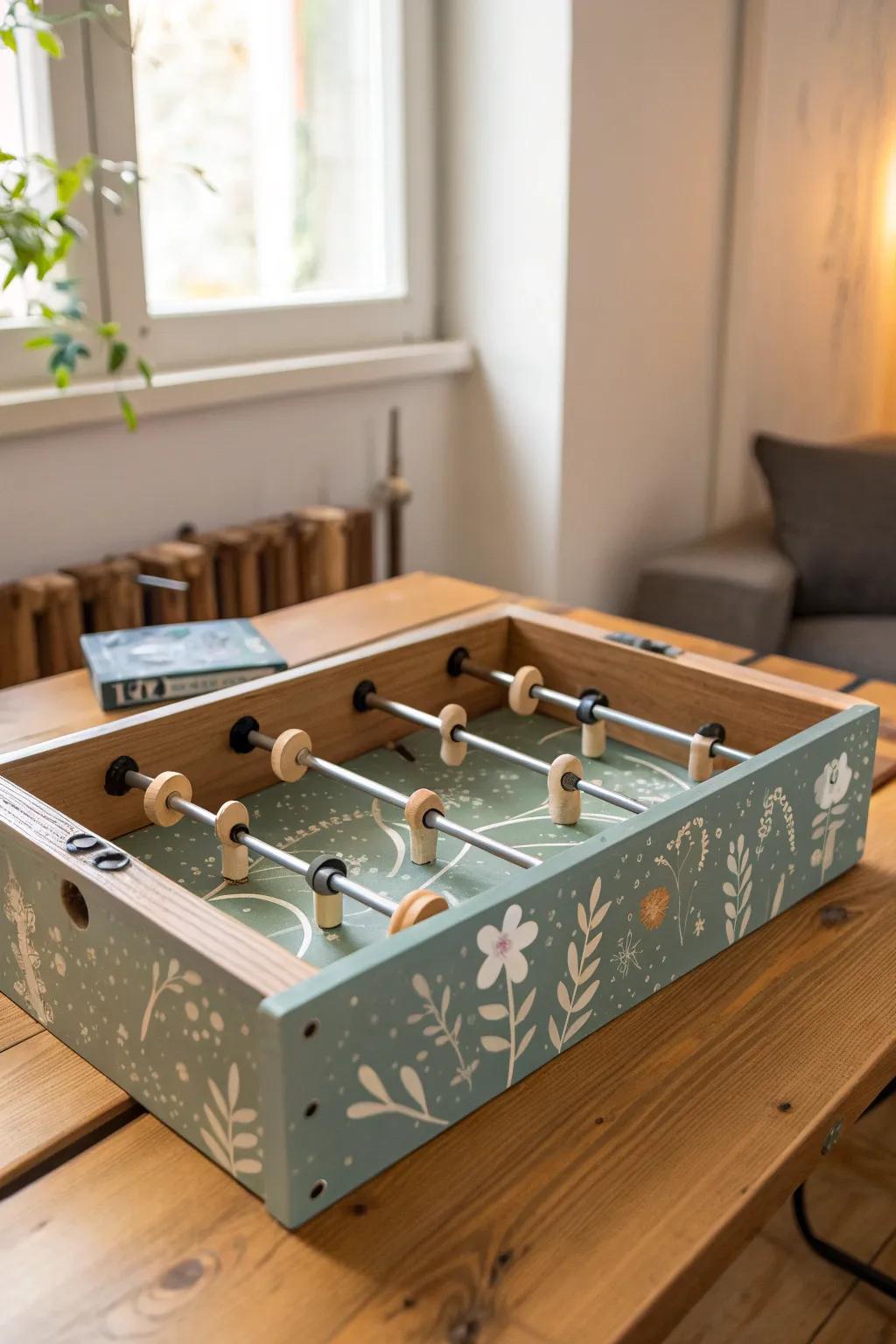 Transform a simple shoe box into a charming foosball game for your next DIY night, where minimalism meets playful creativity.