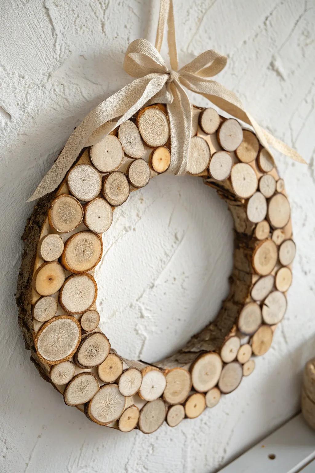 Mixed-size wood slice wreath with dark accents—minimal, cozy, and beautifully handcrafted.