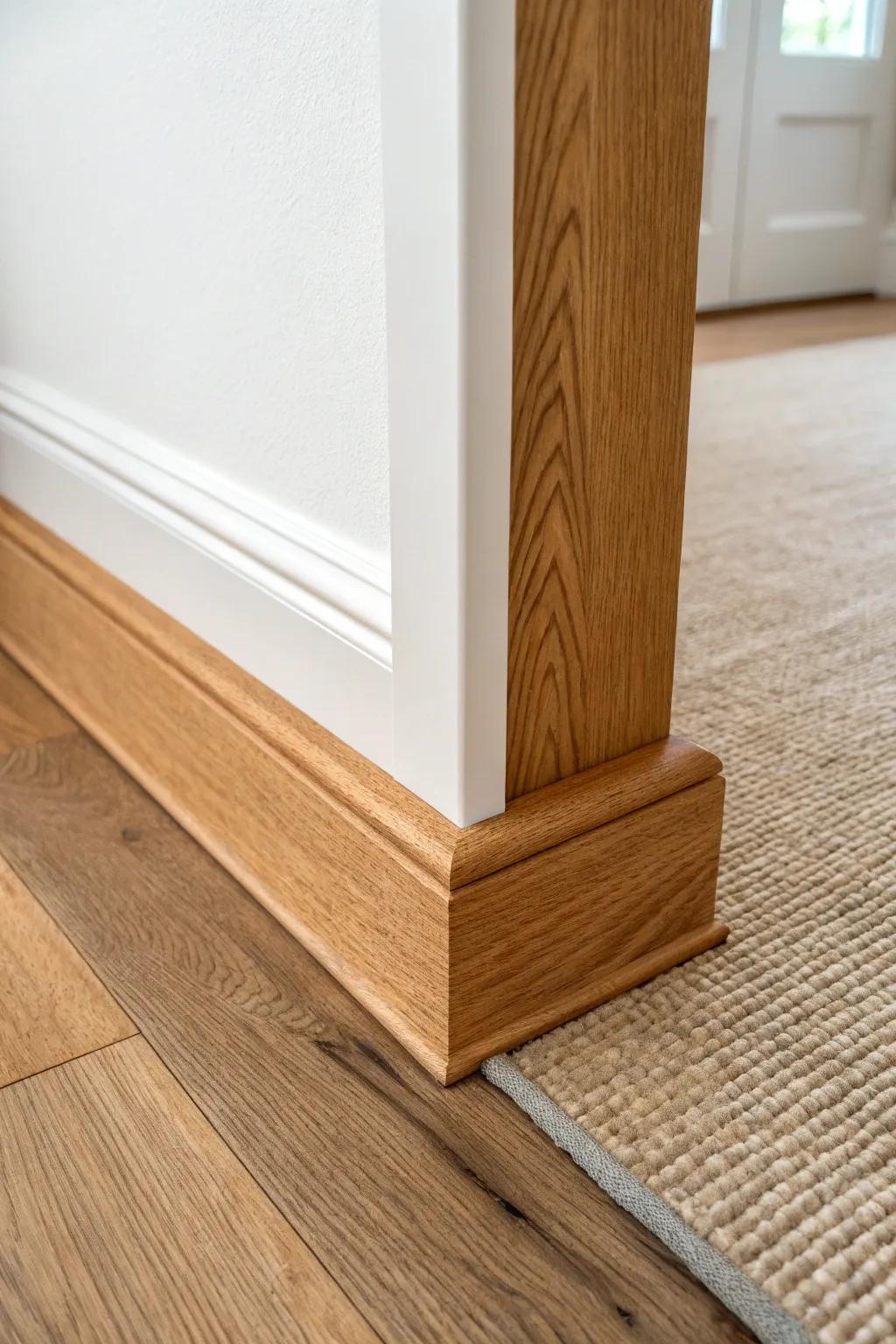 Craftsman baseboard with a clean back band—simple lines, warm wood, handmade heft.