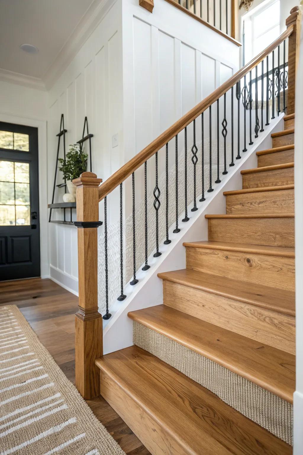 Warm oak treads + matte black balusters: an easy modern farmhouse upgrade with timeless contrast.