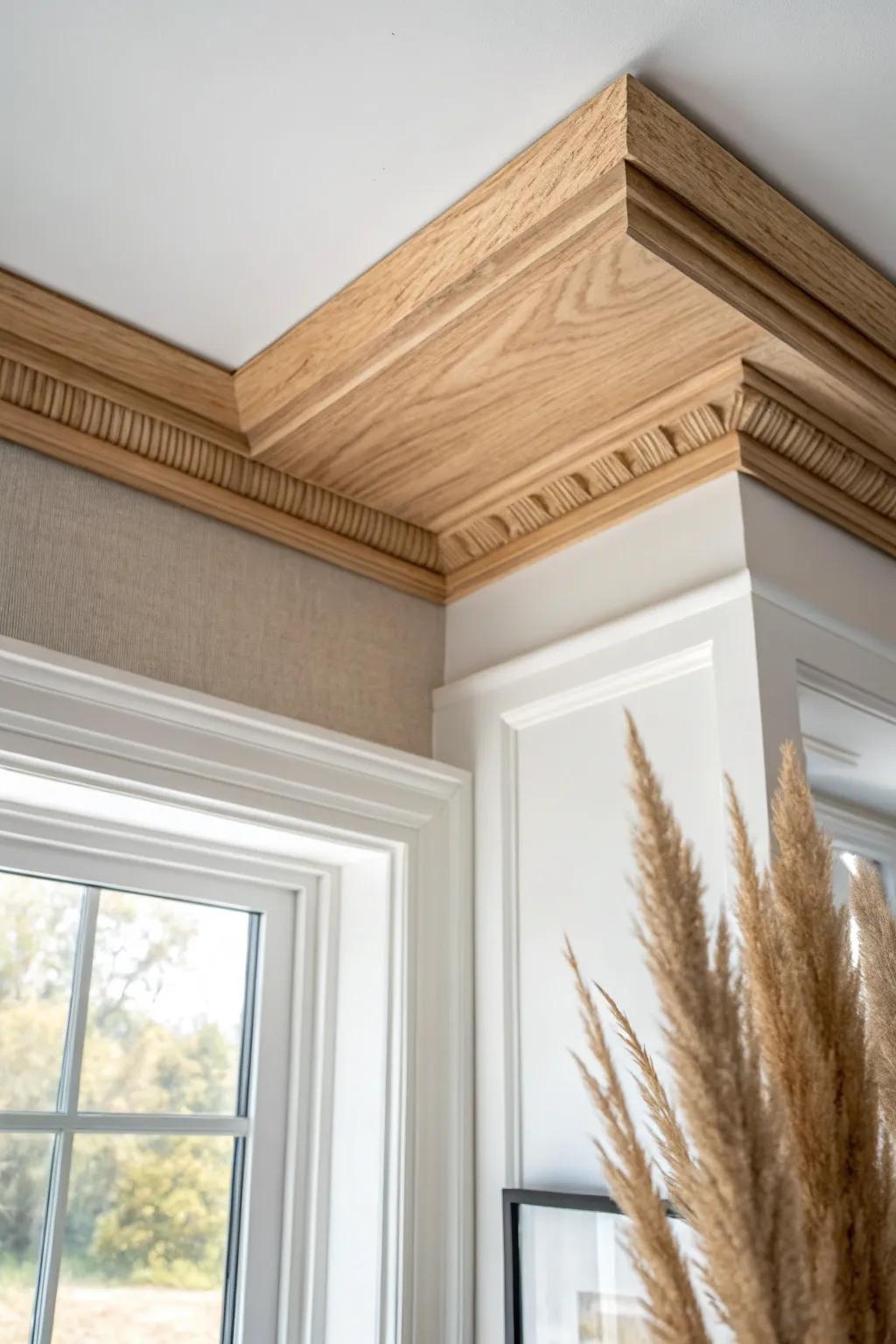 Double-layer crown on a tray ceiling adds crisp, picture-frame depth with timeless warmth.