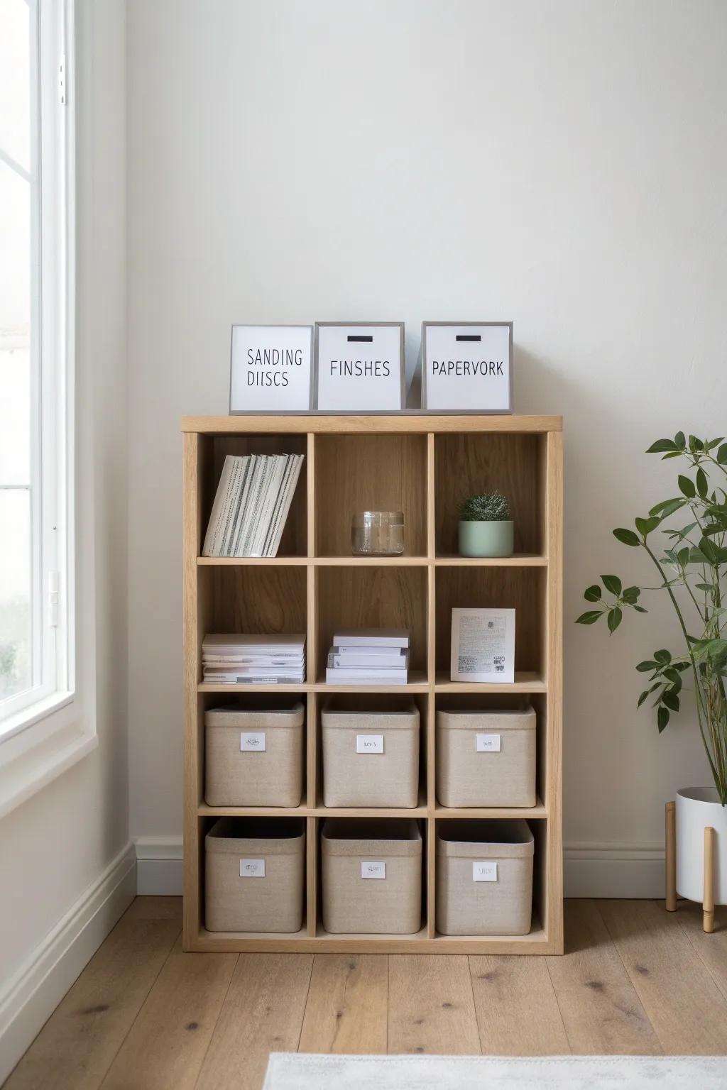 A cube wall shelf that files supplies beautifully—each cube has a job, never clutter.
