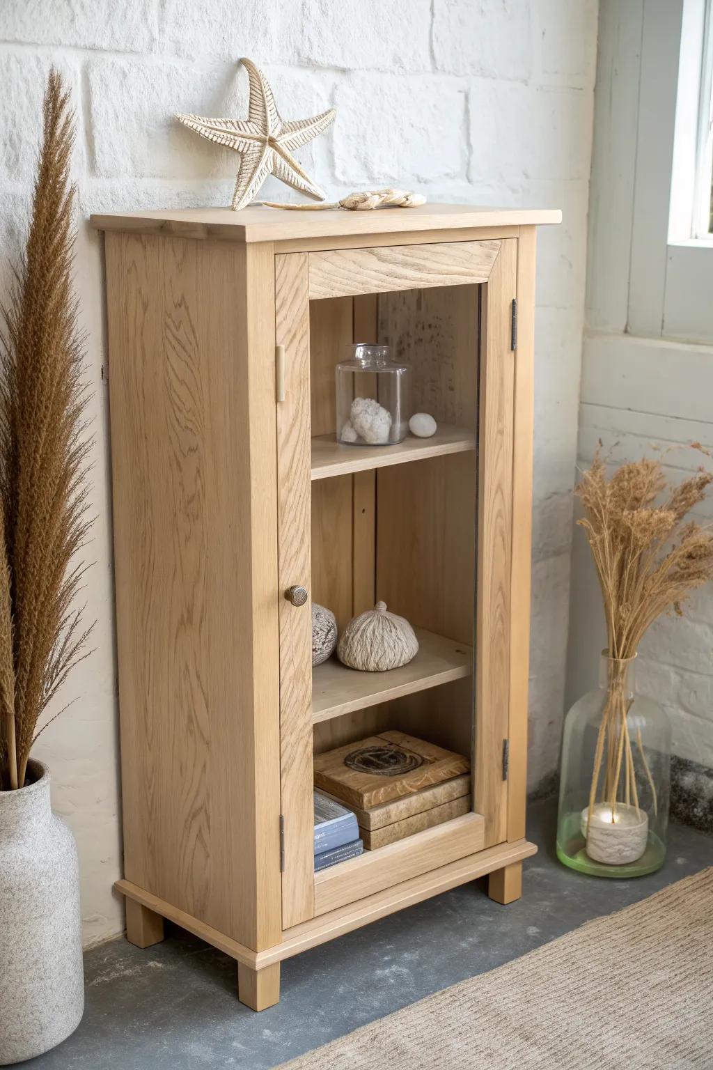 Coastal curiosity cabinet shelf: light wood, seashells, driftwood, and airy negative space.