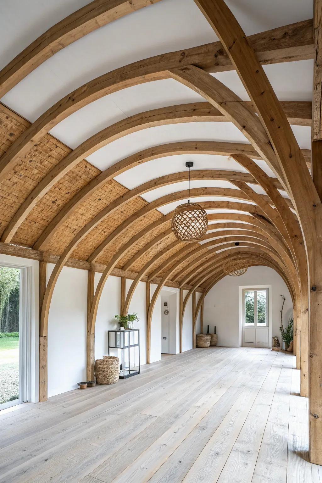 Curved ceiling warmth: exposed reclaimed beams highlight craftsmanship and natural grain.