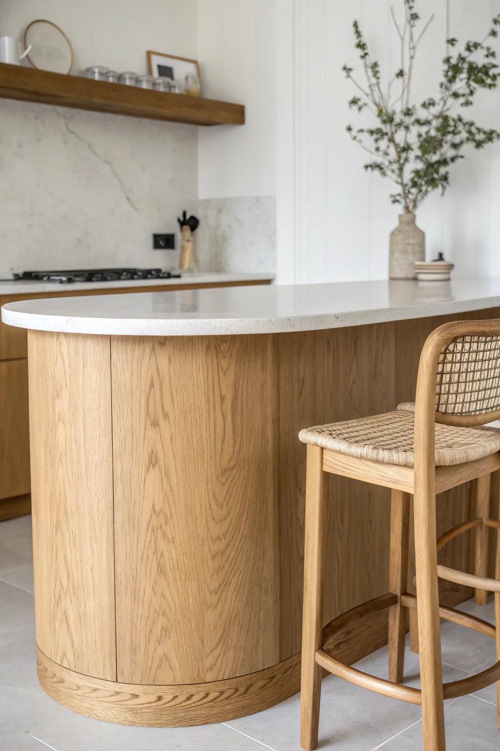 Curved wood bar overhang—an inviting, sculpted perch that makes kitchen chats feel effortless.