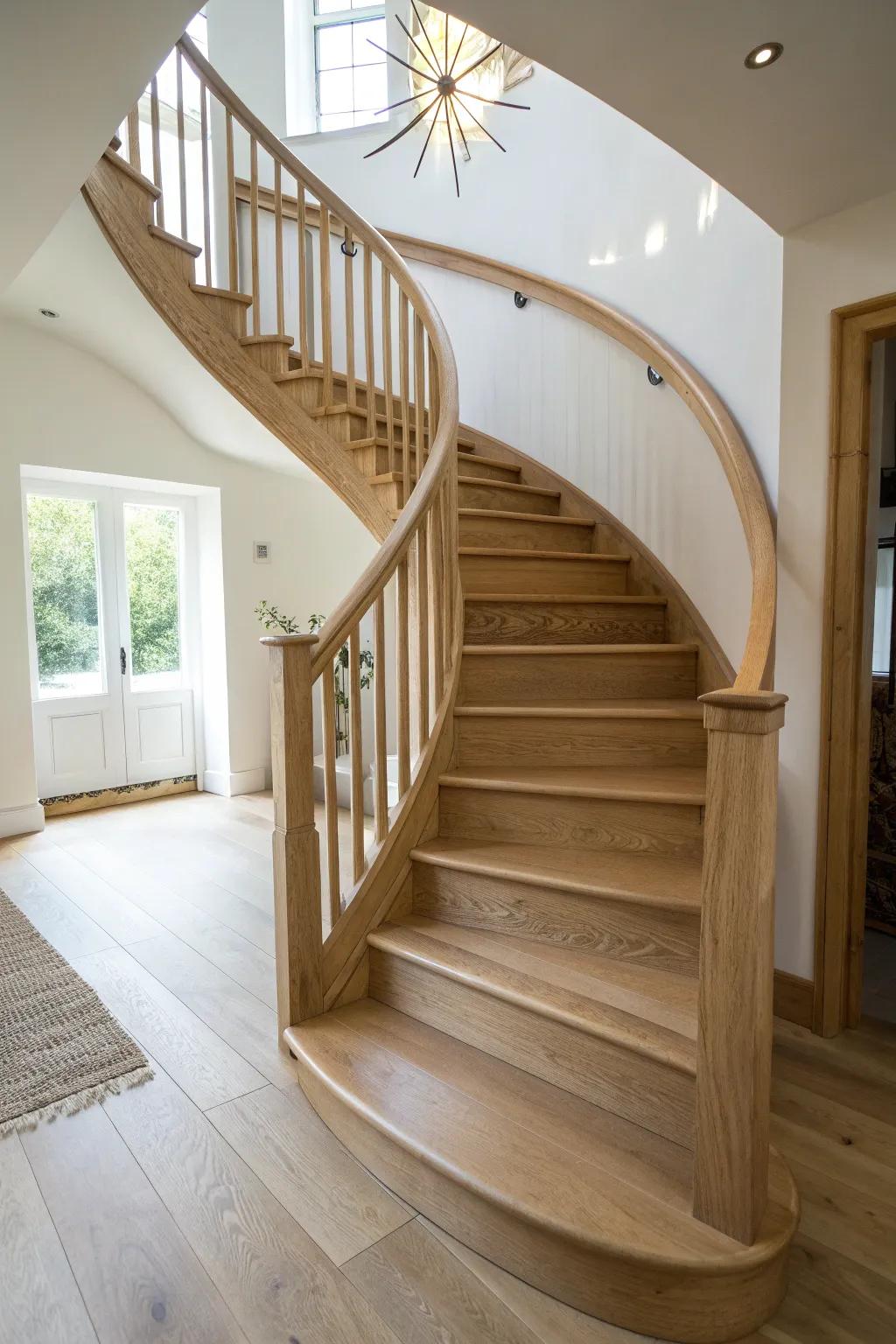 A wide, sweeping quarter-turn curve in pale oak—comfortable underfoot and stunning on camera.