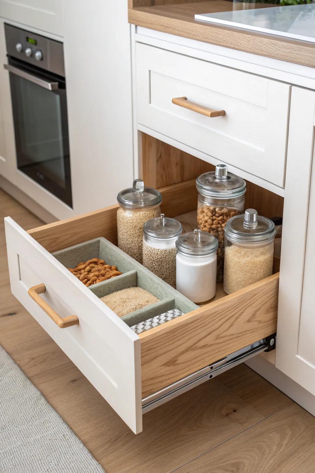 A custom oak pull-out pantry shelf that keeps every jar visible—beautiful, simple, space-saving.