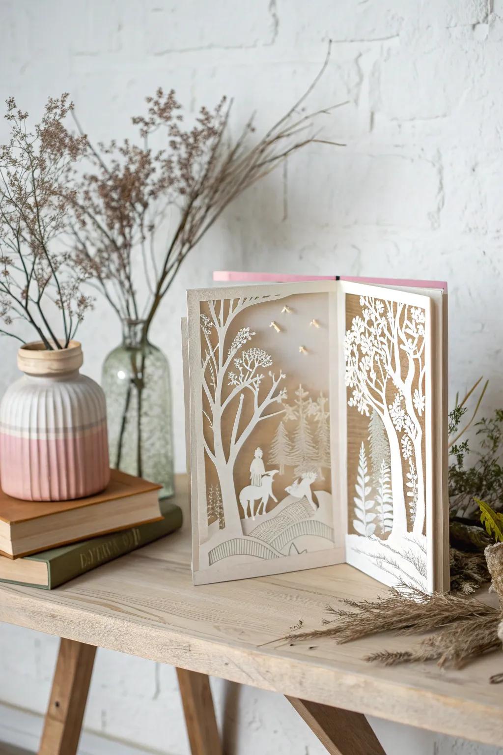 Dive into a whimsical world with this handcrafted paper cut storybook, where every page tells a new tale.
