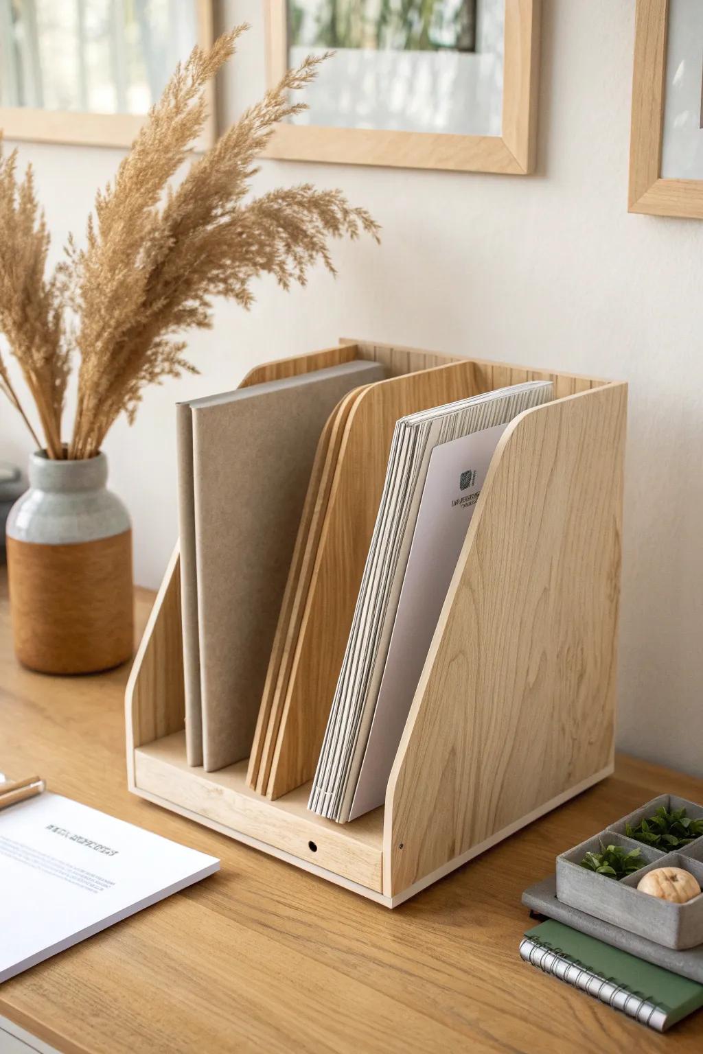 Handmade plywood file slot that keeps paper piles upright, calm, and beautifully contained.