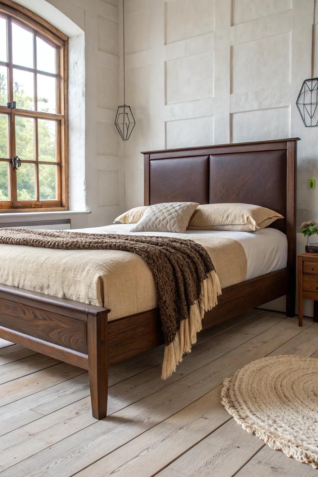 Deep brown upholstered headboard + dark wood frame—soft textures for a cozy, crafted look.