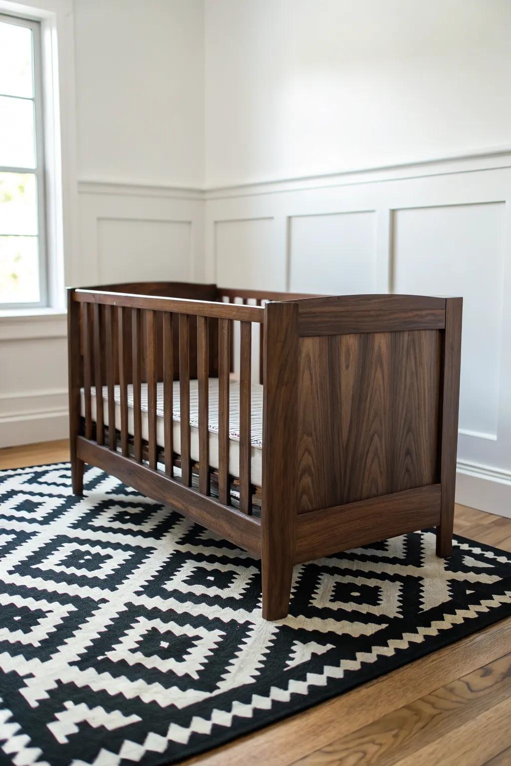 Dark walnut crib grounded by a bold black-and-white rug—instant contrast, calm Nordic vibes.