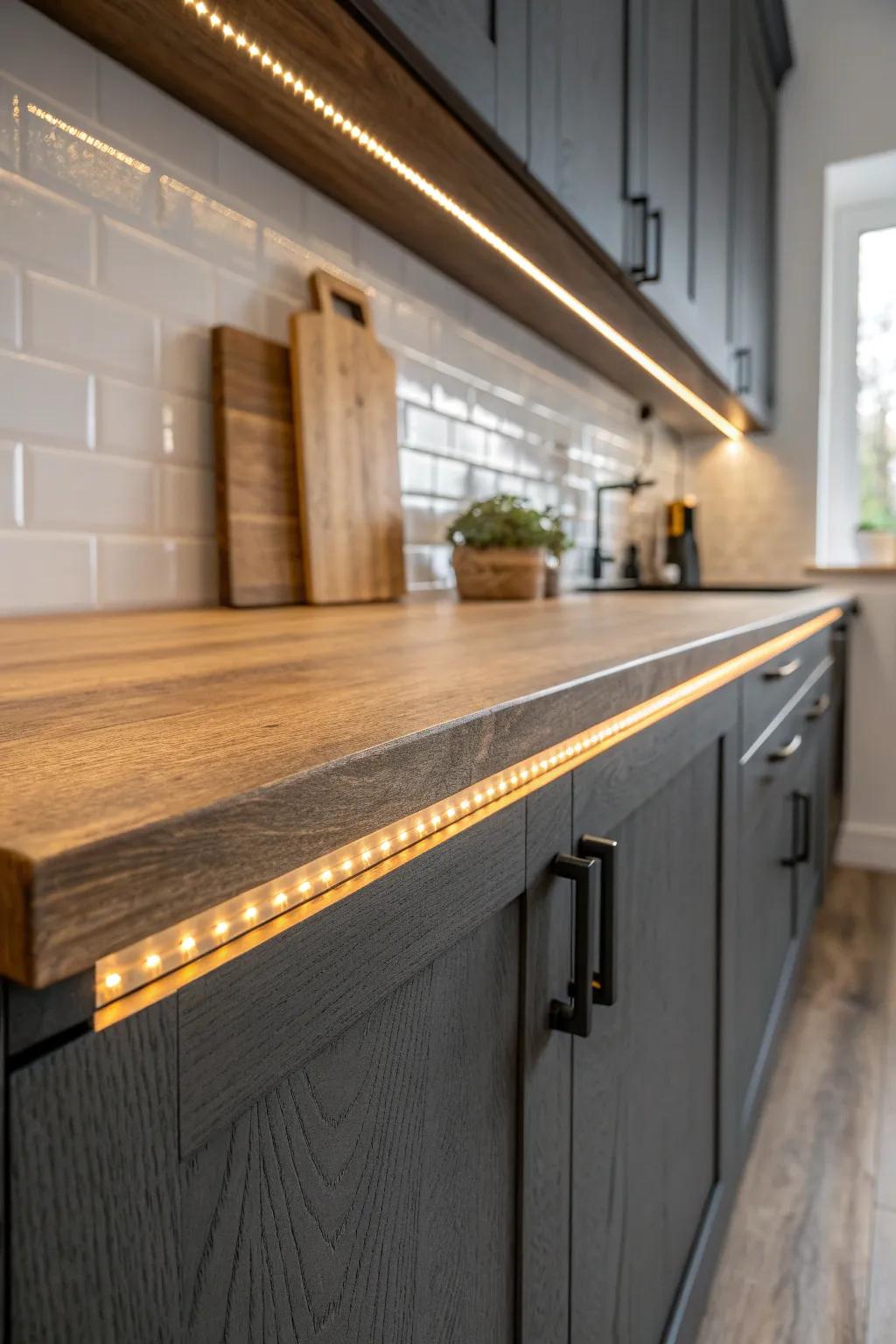 Warm under-cabinet lighting makes dark cabinets glow—no more cave-like counters.
