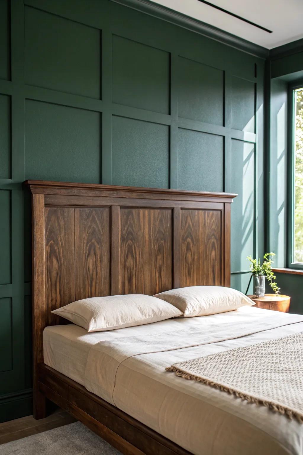 Dark walnut headboard on deep green walls—minimal layers for a cozy, cocooned retreat.