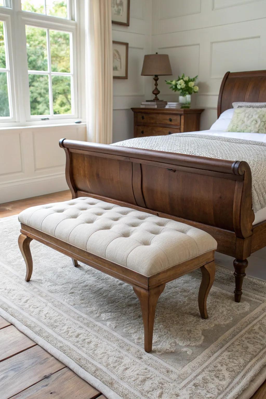 A low upholstered bench softens a dark sleigh bed’s curve—pretty, practical, and airy.